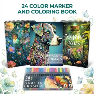 3pcs Coloring Books, 24 Colors Markers, Art Kit - Animals & Joyful Jars Themes | Beginner-Friendly, Exquisite Patterns for Adults | Thick Paper for Mindfulness, Fun Artwork & Leisure Decoration | Perfect Gift for Christmas, Valentine's Day & New Year