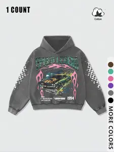 Unisex Vintage Racing Style Hoodie, washed cotton hoodie with flame and supercar Print, Fitted Cotton Sweatshirt, Streetwear, Casual Fall & Winter Fashion