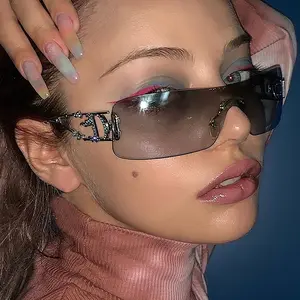 Y2K Rimless Sunglasses for Women Men, Rectangle Vintage 90s Shades, UV400 Protection Retro Eyewear