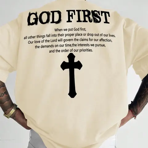 Men's Letter & Cross Print Round Neck Tee, Regular Fit Casual Short Sleeve Crew Neck T-shirt for Daily Wear, Men's Top for All Seasons, Tropical, Casual Streetwear Top