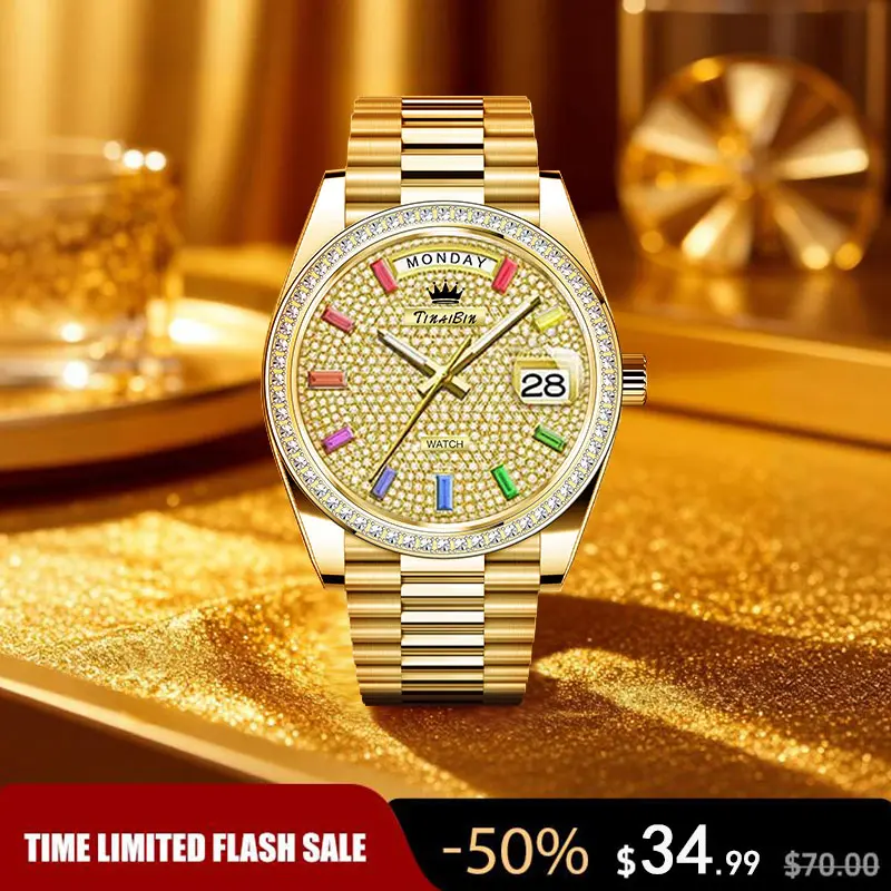TINAIBIN Luxury Diamond-Studded Launch Event Classic Round Dial Watch — Quartz watch with gift box; a fashionable, timeless classic that sparkles at work and leads the trend—Holiday Flash Sale.