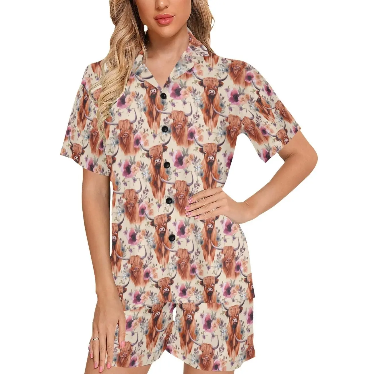 Baha Ranch Highland Cow Floral Women's Western Pajama Set