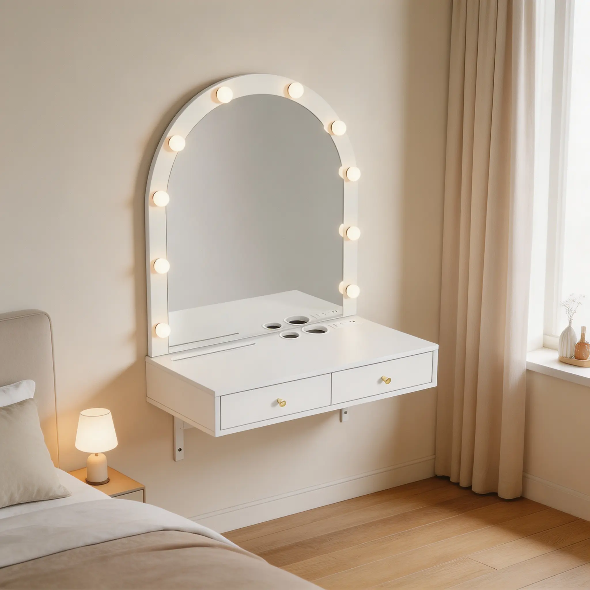 Floating Vanity Desk with LED Mirror & 3-Color Lights, Power Outlet, 2 Drawers, Wall-Mounted, for Bedroom, Bathroom