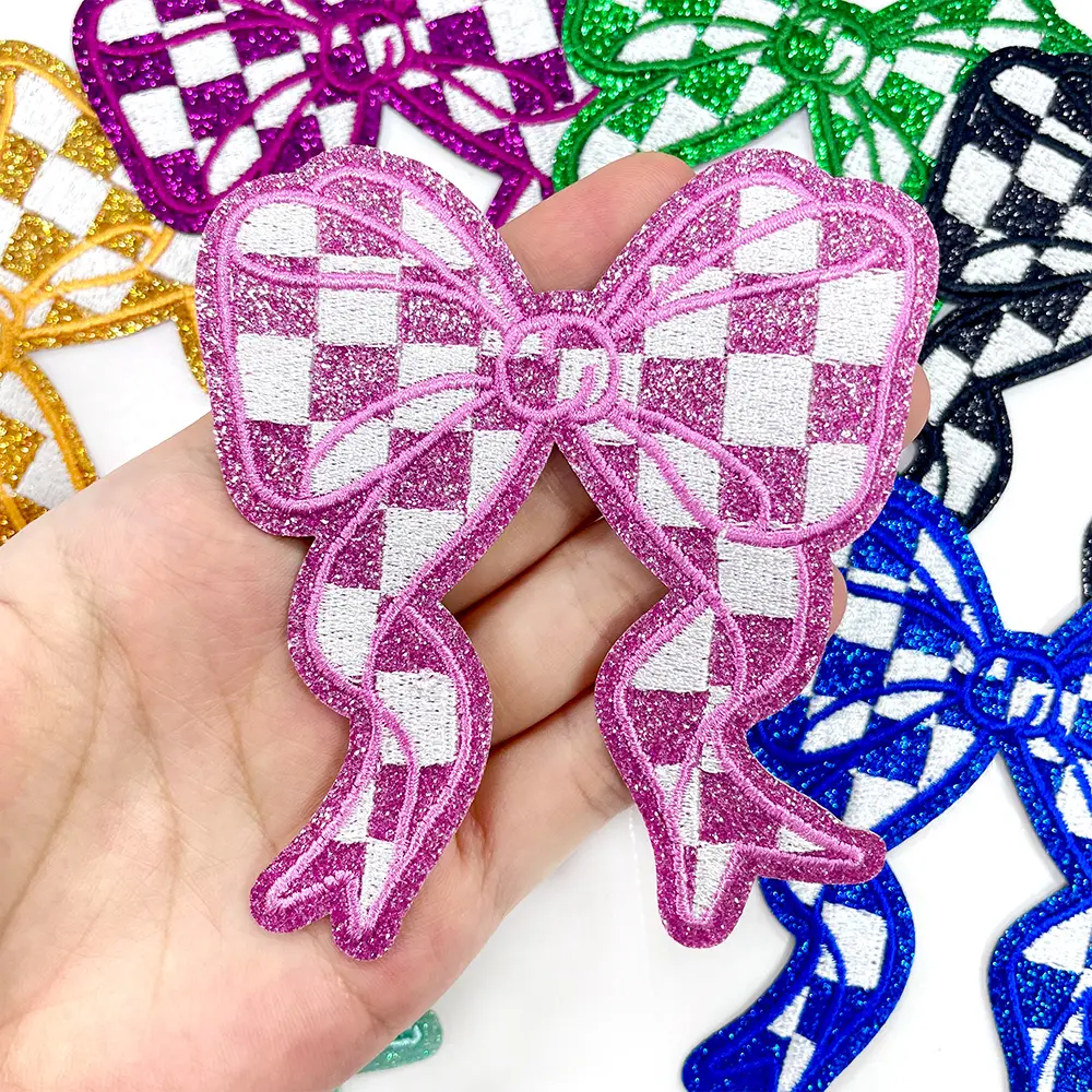 CY 8pcs Glitter Finish Checkerboard Pattern Iron-On Embroidered Bow Patches, Sewing Accessories for Trucker Hats, Clothes, DIY Decorations, Pink