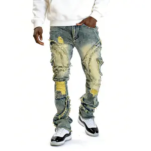 Men's slim-fitting ripped jeans, casual street fashion, creative pocket edges, old stretch flared pants, all-season Y2K washed flanged trousers, men's clothing