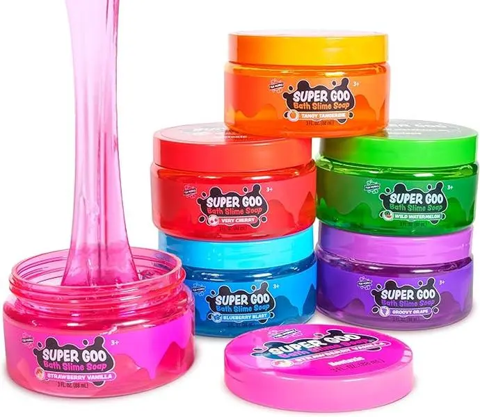 Tub Works Super Goo Bath Slime for Kids - 6-Pack Scented Slimes, Squishy Fidgets, Cherry Squishy Toy & Sensory Toys, Fruity Non-Toxic Paraben-Free Moisturizing Mess-Free Lather Soap in Colorful Jars (Ages 3+)