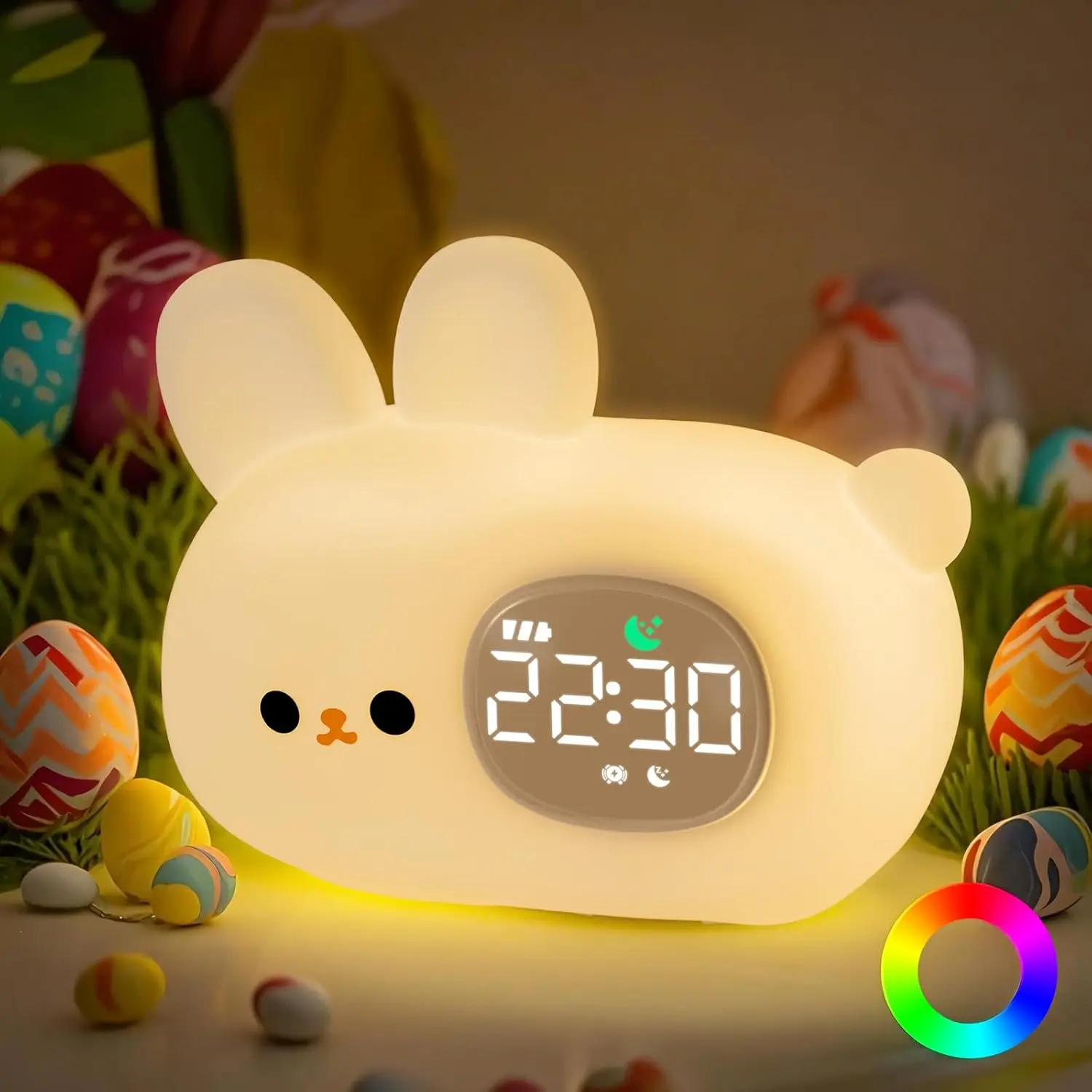 Rabbit Animal Alarm Clock Night Light for Kids - 7-Color Silicone Touch Lamp, Dual Alarms, 5 Ringtones, Snooze, Rechargeable USB Powered Clocks, Playroom Nursery Decor, Sleep Aid, Birthday Gift, Decoration Items, Happy Birthday
