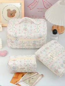 Flower Design Makeup Bag, Quilted Leopard Pattern, Large Opening, Travel & Toiletry Organizer, Multi-Functional Cosmetic Case, Makeup Storage Bag, Travel Cosmetic Bags, Makeup Organizer Pouch, Multifunctional Toiletry Bag, Cosmetics Bag
