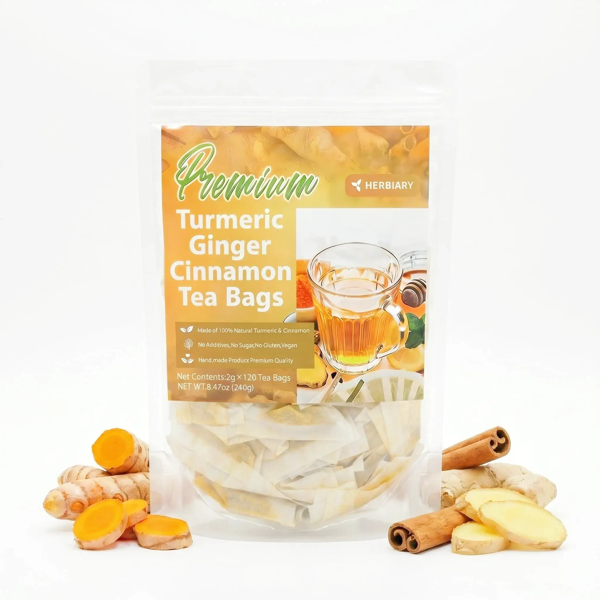 Herbiary Turmeric Ginger Cinnamon Tea—Handcrafted Eco-Friendly Tea Bags | Caffeine-free, 100% all-natural powder, sugar-free. Vegan, gluten-free, and keto-friendly. Value Pack of 60 Bags