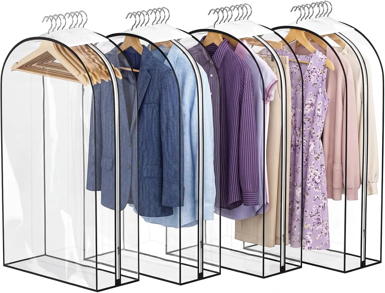 4 Pack Clear Garment Bags with Side Zipper, 40" Hanging Clothes Covers with 10" Gusset for Suits, Dresses, Jackets & Closet Storage