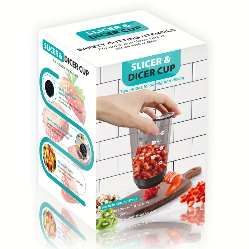 1pc Cup Slicer, multifunctional cutter for strawberry, egg and salad vegetables. Quick & easy manual fruit and food processor, equipped with slicing and dicing blades and 3 accessories, mini portable kitchen gadget.