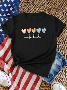 Women's Heart, Leopard & Letter Print Round Neck Tee, Casual Crew Neck Short Sleeve T-shirt, Ladies Clothes for Daily Wear