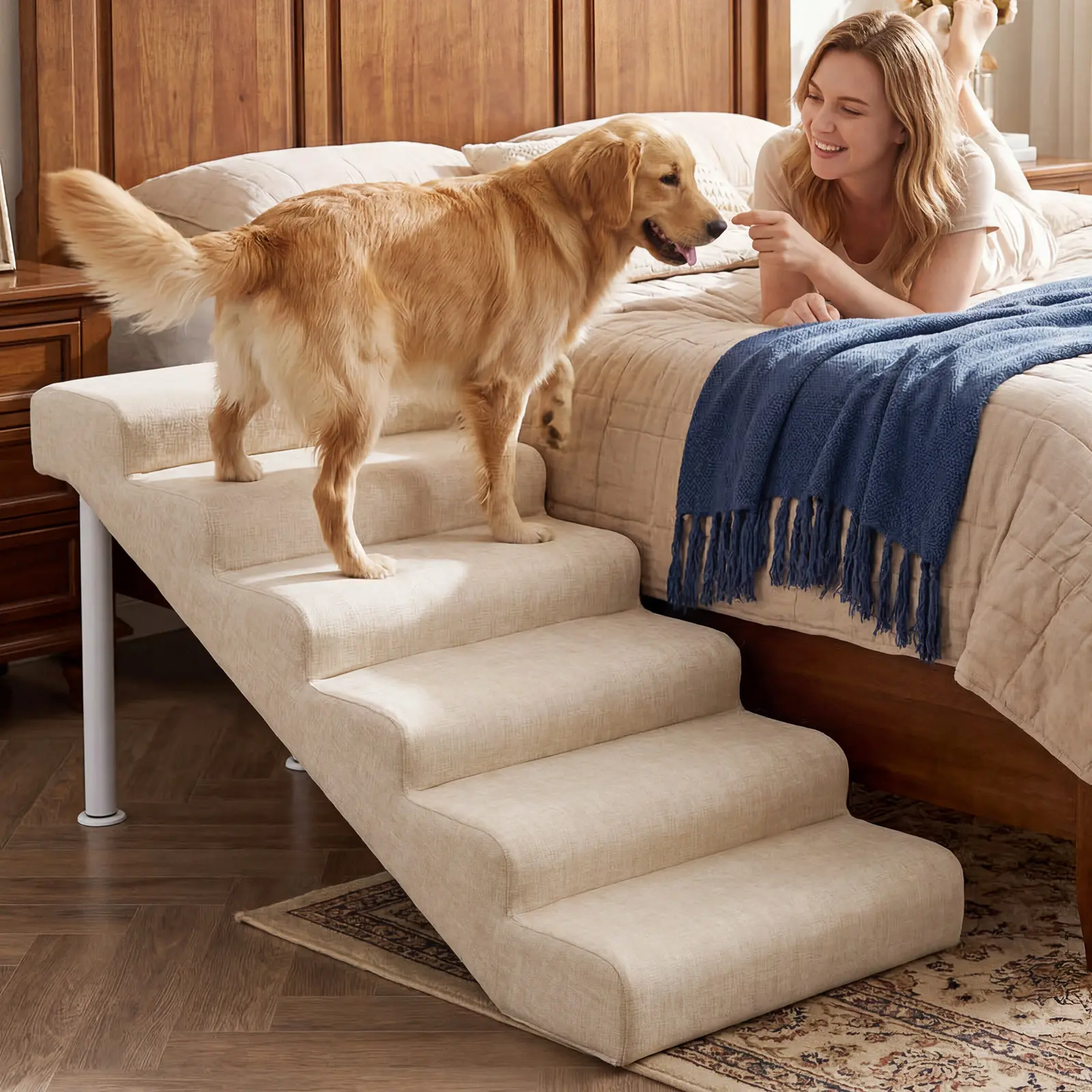 SLSY XL Foam Dog Stairs Ramp - Adjustable, Anti-Slip Bottom, Gentle Slope, Easy to Move, Waterproof, PE Support Board, Washable Removable Cover for Small/Senior Dogs (Holds Up to 150 lbs) - For High Beds, Couches