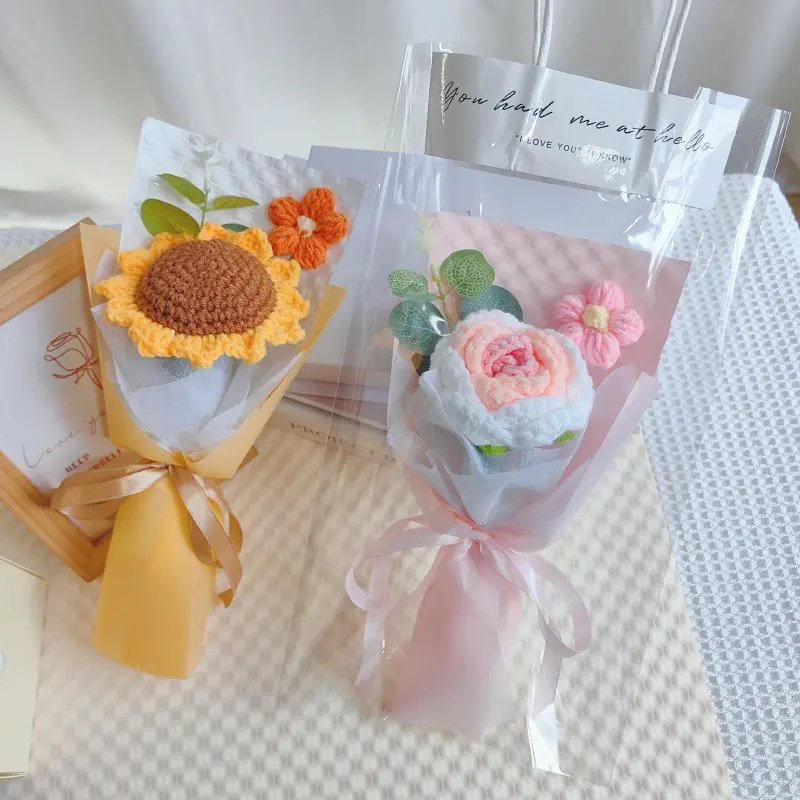 Hand-Knitted Yarn Artificial Flower Bouquet - Faux Decorative Flower Mix of Sunflowers, Carnations, Roses - Finished Valentine's Day Gift for Sports & Outdoor Accessories Decor, Artificial Sunflowers, Decorative Flowers