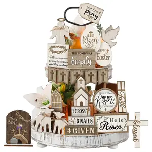 22-Piece Easter Layered Tray Decor Set, Resurrection Cross Angel Tray Decoration Kit, Vintage Rustic Farmhouse Style Easter Table Wooden Plaque Signs Ornaments