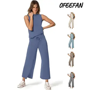 OFEEFAN Two Piece Sets for Women Summer Outfits Lounge Sets Mock Neck Tops Wide Leg Crop Pants Vacation Travel Outfits Silky Casual