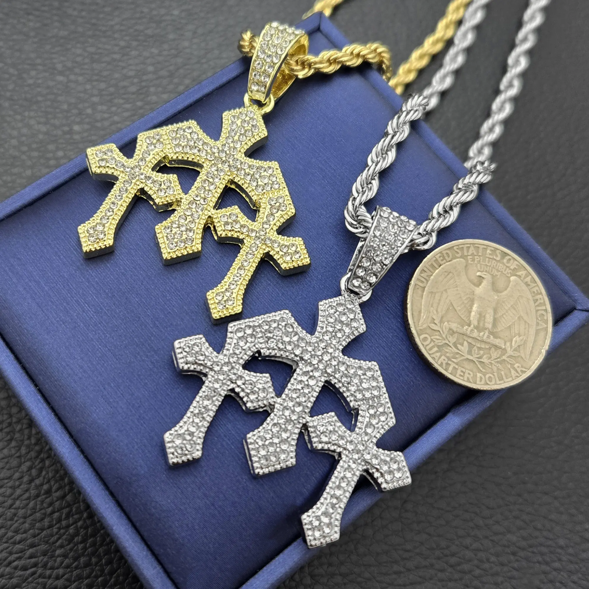 MaxBling81 Cross Design Fashion Pendants - Triple Cross Religious Iced CZ Pendant with 4mm 24" Rope Chain, Hip Hop Style Gold or Silver Plated Costume Jewelry Necklace, Cross Design Pendant