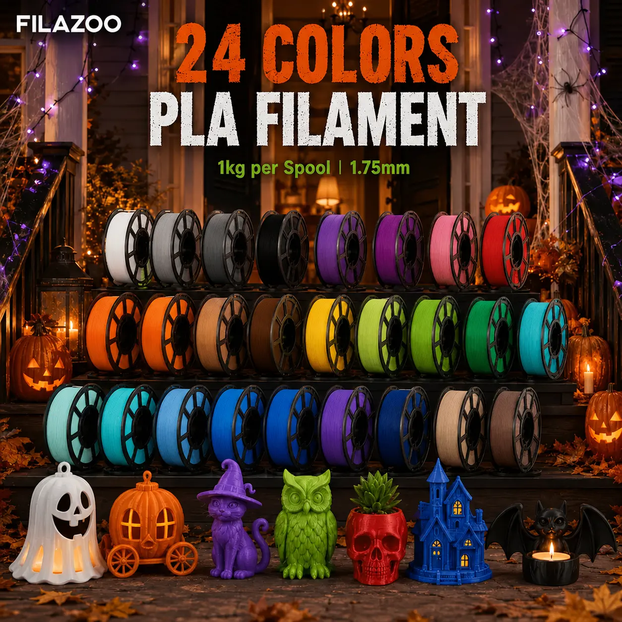 FILAZOO Basic PLA 3D Printer Filament, 1.75mm Diameter, 1KG Spool, 24 Solid Colors Options, Tangle-Free Neat Winding, Smooth Feeding for High-Speed FDM 3D Printers