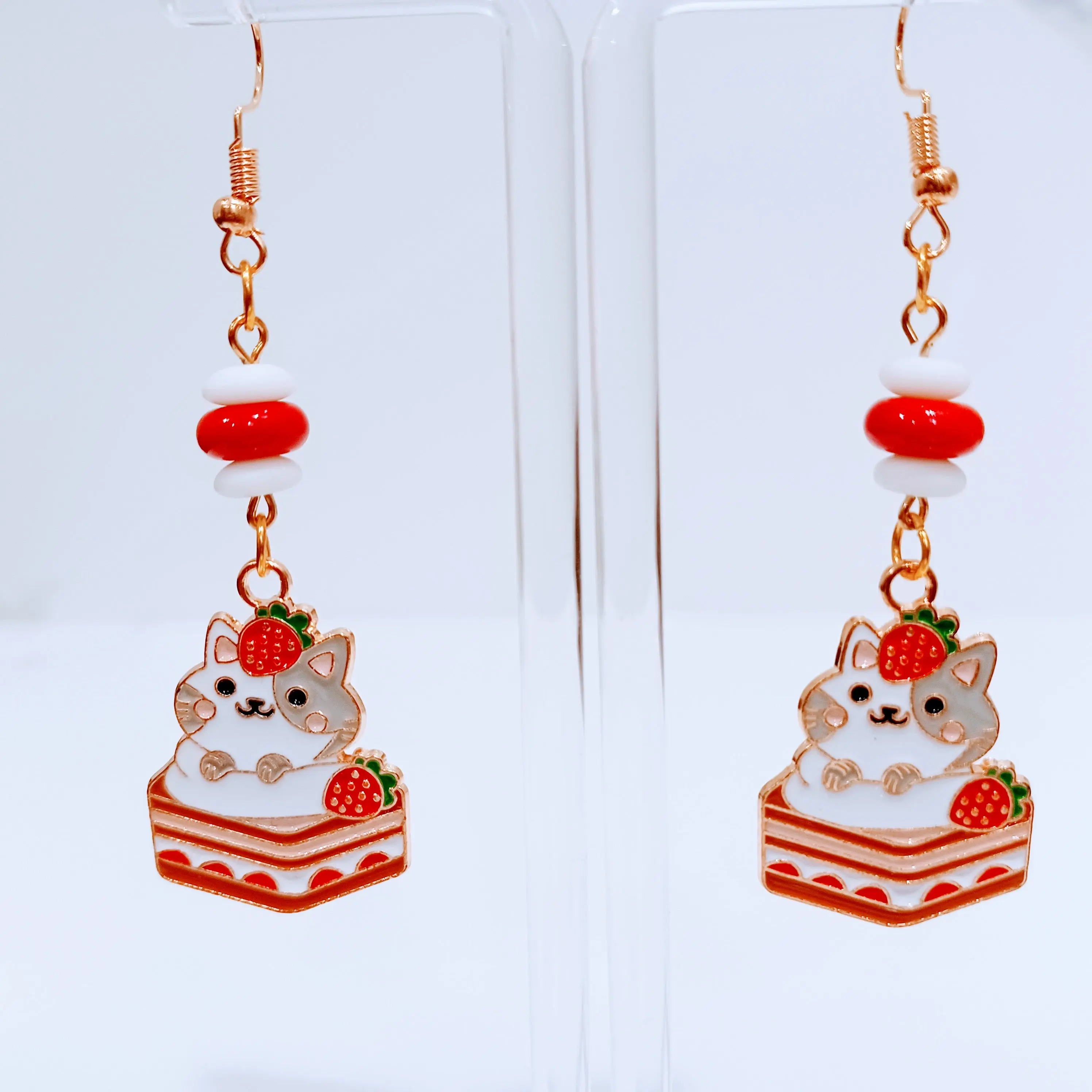 Cat Strawberry Shortcake Enamel Earrings For Women and Girls Earrings For Cat Lover Dessert Earrings
