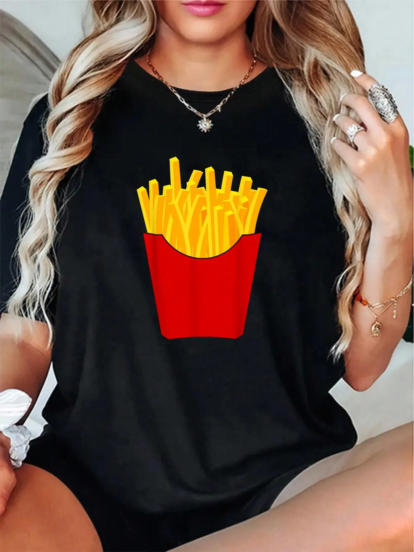 100% Cotton Unisex French Fries T-Shirt French Fry Costume Shirt T-Shirt，Autumn women's short-sleeved, Thanksgiving and Halloween maple leaf pattern T-shirt