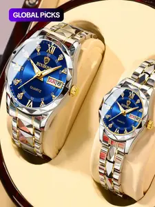 Couple Casual Water Resistant Watch, Quartz Analog Watches, Fashion Waterproof Round Dial Analog Stainless Steel Quartz Watch Set with Date & Week Display Function, Modern Accessories As Gift with Box