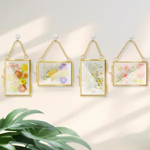 4Counts Glass Pressed Flower Frames Minimalist Clear Design for Home Wall Decor Ideal for Photo and Set Decoration Transparent Hanging Brass & Glass