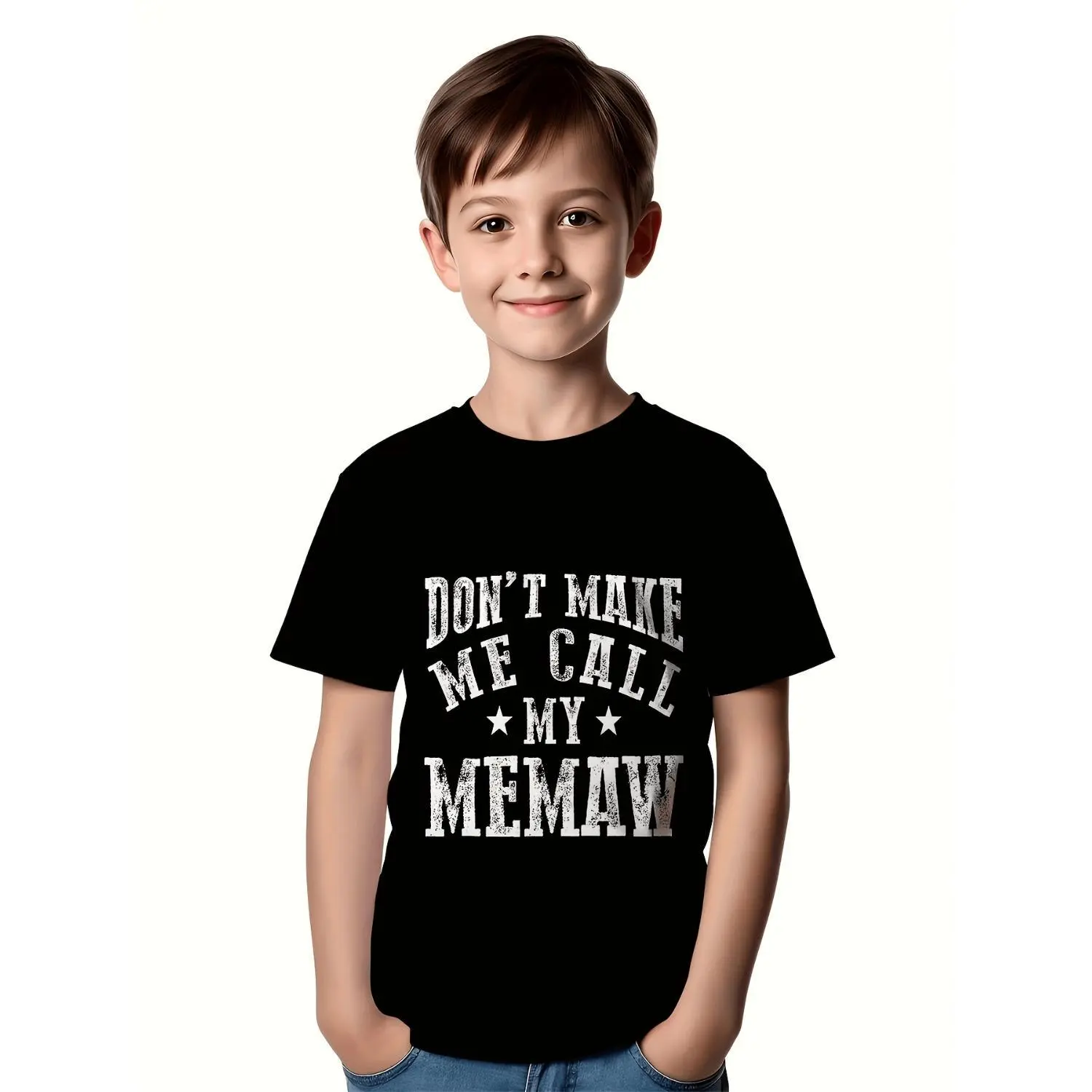 Dont Make Me Call My Memaw Funny Grandson Quote Cotton T-shirt Super Soft Breathable Boys And Girls Short Sleeve Tops Black With White Text And Star Design