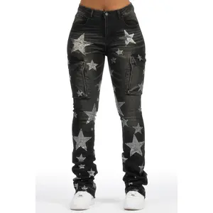 Kendrica Black Rhinestone Stacked Jean