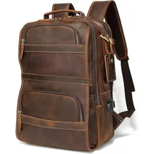 LANNSYNE Vintage Genuine Leather Backpack For Men 15.6 Inch Laptop Bag Overnight Weekender Camping Daypack Rucksack