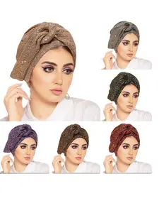 Women's Fashion Casual Hat, Sequined Detailing Crinkle Fabric Knot Design Headscarf Cap, Round Buckle Snood Hat, European and American Style