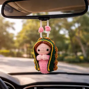 Handmade Virgin Mary Car Charm for Rearview Mirror – Crochet Catholic Car Hanging Ornament, Christian Gift for Driver, Cute Religious Car Decor