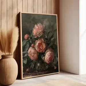 Vintage Pink Peonies Painting Dark Floral Art Print, Floral Cottagecore Decor, Vintage Wall Art, Canvas or Poster , Farmhouse Frameless Poster U