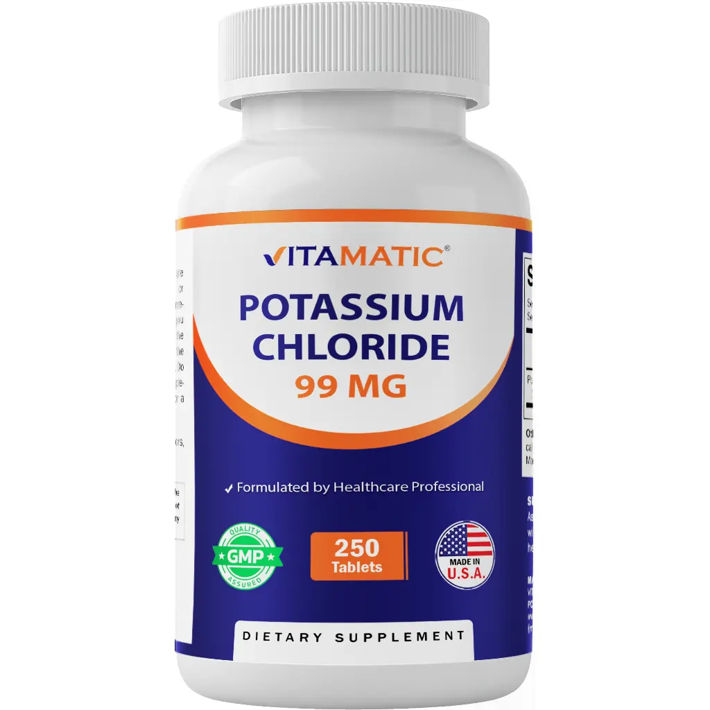 Vitamatic Potassium Chloride Dietary Supplement Pills - 99mg Minerals, 250 Tabs, Non-GMO, Gluten-Free, Sugar-Free, Made in USA, Nerve Function & Heart Health Support, Electrolyte Balance for Youth, Tablet