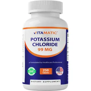 Vitamatic Potassium Chloride Dietary Supplement Pills - 99mg, 250 Tablets, Non-GMO, Gluten-Free, Mineral Support for Heart Health, Muscle & Nerve Function, Electrolyte Balance, Made in USA