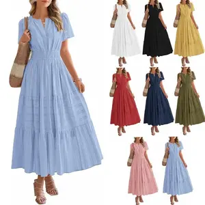 Women's Summer Maxi Dress Casual V Neck Short Puff Sleeve Smocked Waist Tiered Flowy Boho Beach Dresses