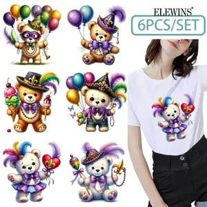 6 Pack Carnival Teddy Bear Iron on Patches Flowers Applique for T Shirts Bags Pillows DIY Decorations