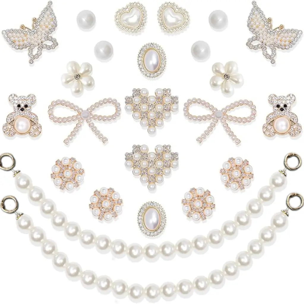 24 Pcs Shoe Charms Chain Accessories for Women Pearl Flower Clog Shoe Decoration Charms Rhinestone Shoes Charms Bling Cute Decor for Party Birthday Footwear Shiny