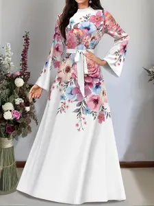 Luxurious Arabic Long Dress, Middle Eastern Style Sleeveless Maxi Dress, Elegant Loose Fit Party Gown, Unique Baroque Floral Print, Belt