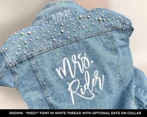 Embroidered Pearl Bride Jean Jacket, Wedding Bridal Denim Jacket, Bride Denim jacket with pearls, Date under the collar jacket, Personalized jacket-autum