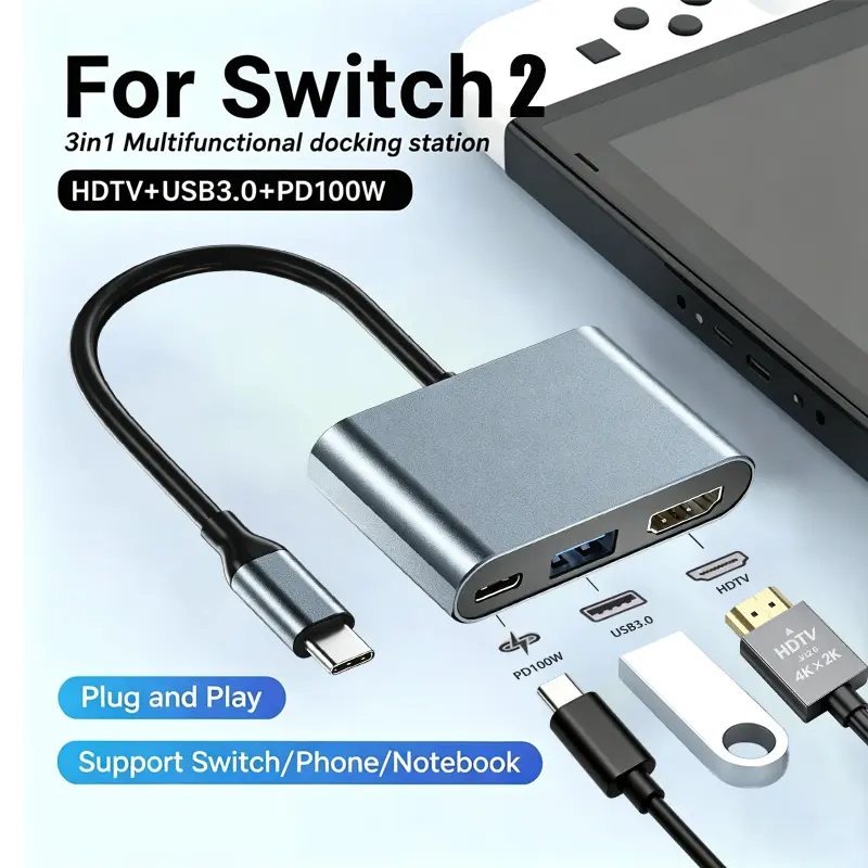 RUNTOGOL 3-in-1 Portable USB-C to 4K HDMI Adapter Docking Station for Switch 2, Steam Deck - Aluminum Alloy Travel TV Dock, 2-Port Switch, 100W Max PD, 1000M Ethernet, USB 3.0 Ports, HDR Clarity, Multi-Device Compatible Switch Accessories