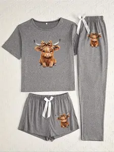 Cartoon Highland Cow Print Women's Pajama Sets, Casual All Seasons Nightwear, Fitted Knitted Fabric Sleepwear