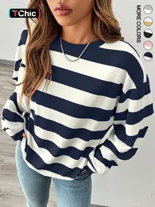 Women's Loose-Fit Striped Round Neck Long Sleeve Lady T-Shirt, Casual Everyday Soft Comfort Top for Fall & Winter