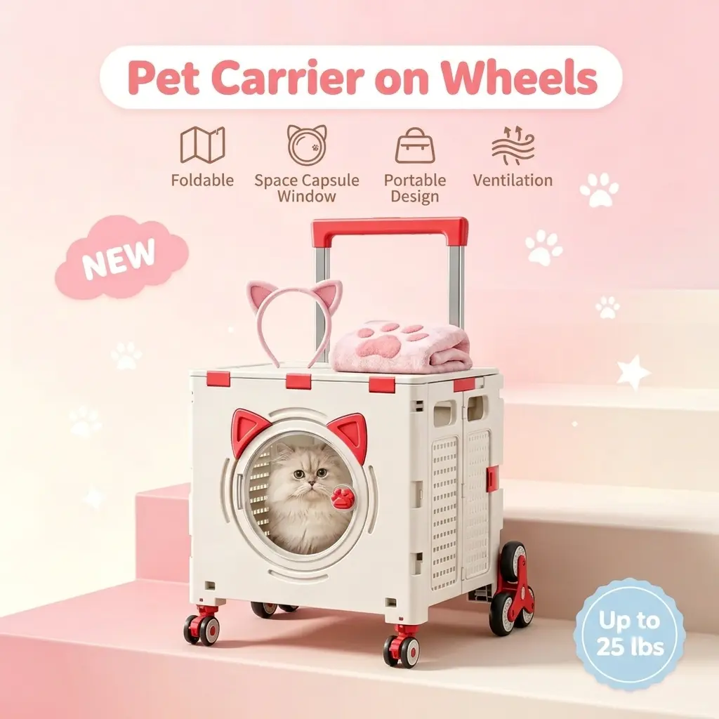 8-Wheel Space Capsule Pet Carrier Crate - Breathable Transparent Travel Carrier, Collapsible Design for Easy Storage/Space Saving, Ensures Stability for Road Trips/Vet Visits, Home Organizer Utility Cart, Ideal for Car Trunk Vehicle Storage