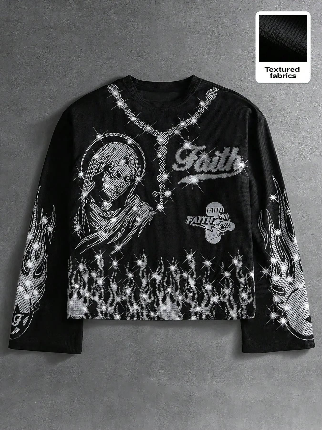 Men's Textured Waffle Faith Crystal Fitted Long Sleeve Classic Casual Pullover Sweatshirt, Virgin Mary Flame Graphic Pattern, Round Neck, Street Style, Rock Concerts & Daily Wear