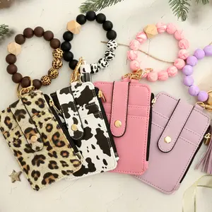 Bohemian Styles Beaded Wallet Keychain Tassels Keyring with Card Holder Womens Coin Purse Wristlet Bracelets Purses in Leopard Cow Print and Solid Colors