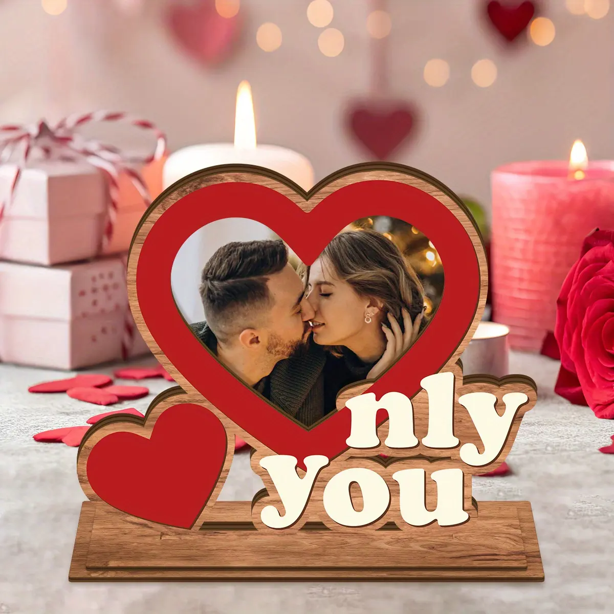 "Only You" Charming Wooden Photo Frame Featuring a Heart Motif, Cozy Red Romantic Decor for Tables, Perfect for Couples, Anniversaries, Or Weddings – A Great Gift Choice for Him Or Her