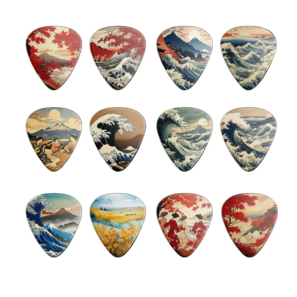 12-Piece Colorful Compact Size Guitar Picks Set, Japanese Style Unique Designs, Dual-Sided Printing Ukulele Picks, Guitar Accessories, Instrument Accessories, Music Lovers' Gift