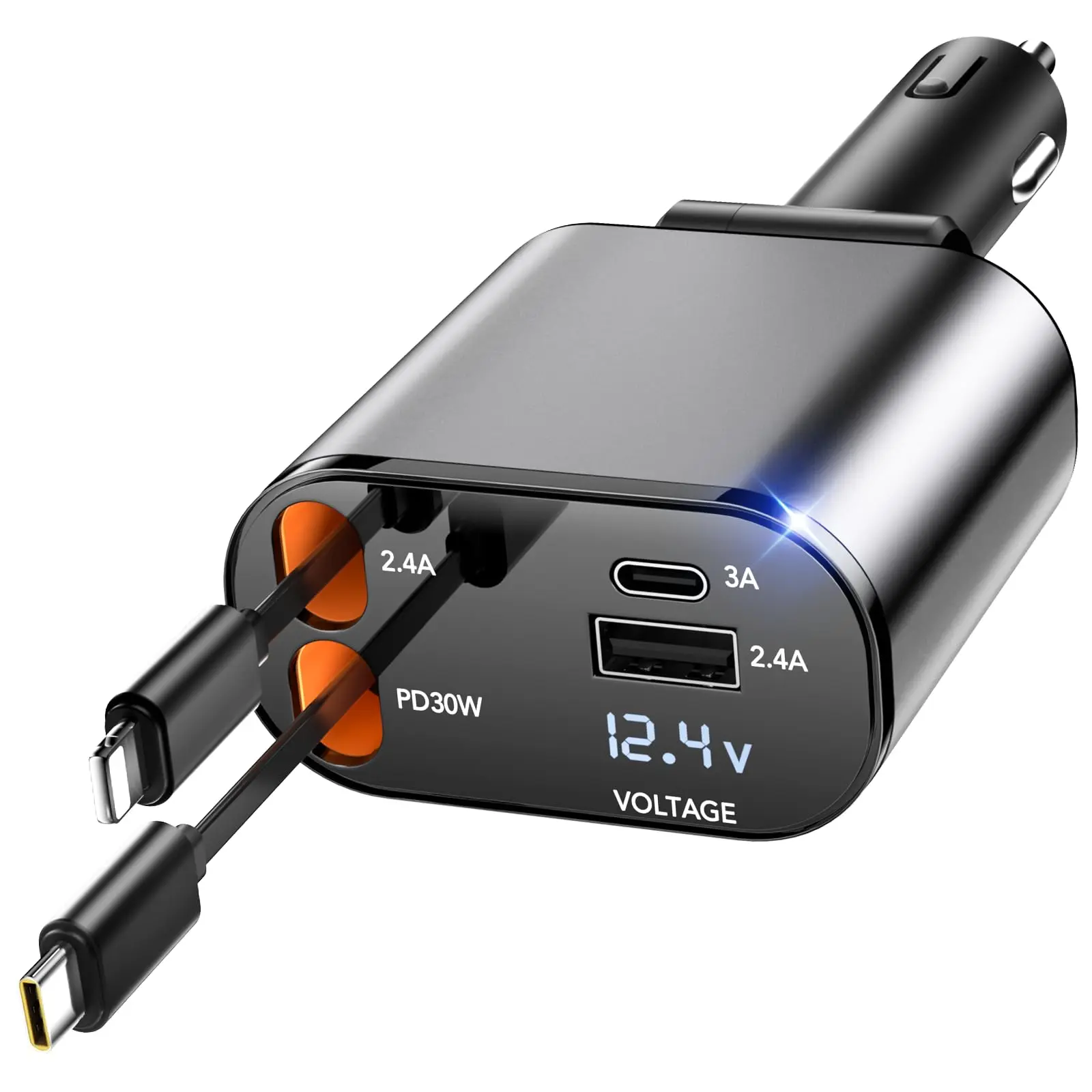 4 in 1 Retractable Car Charger - USB-C Fast Charging Adapter Set with Lightning Cable, Universal Car Interior Accessories for iPhone 16/15/14/13 Pro Max Plus, Samsung S23/S22/S10, Cars