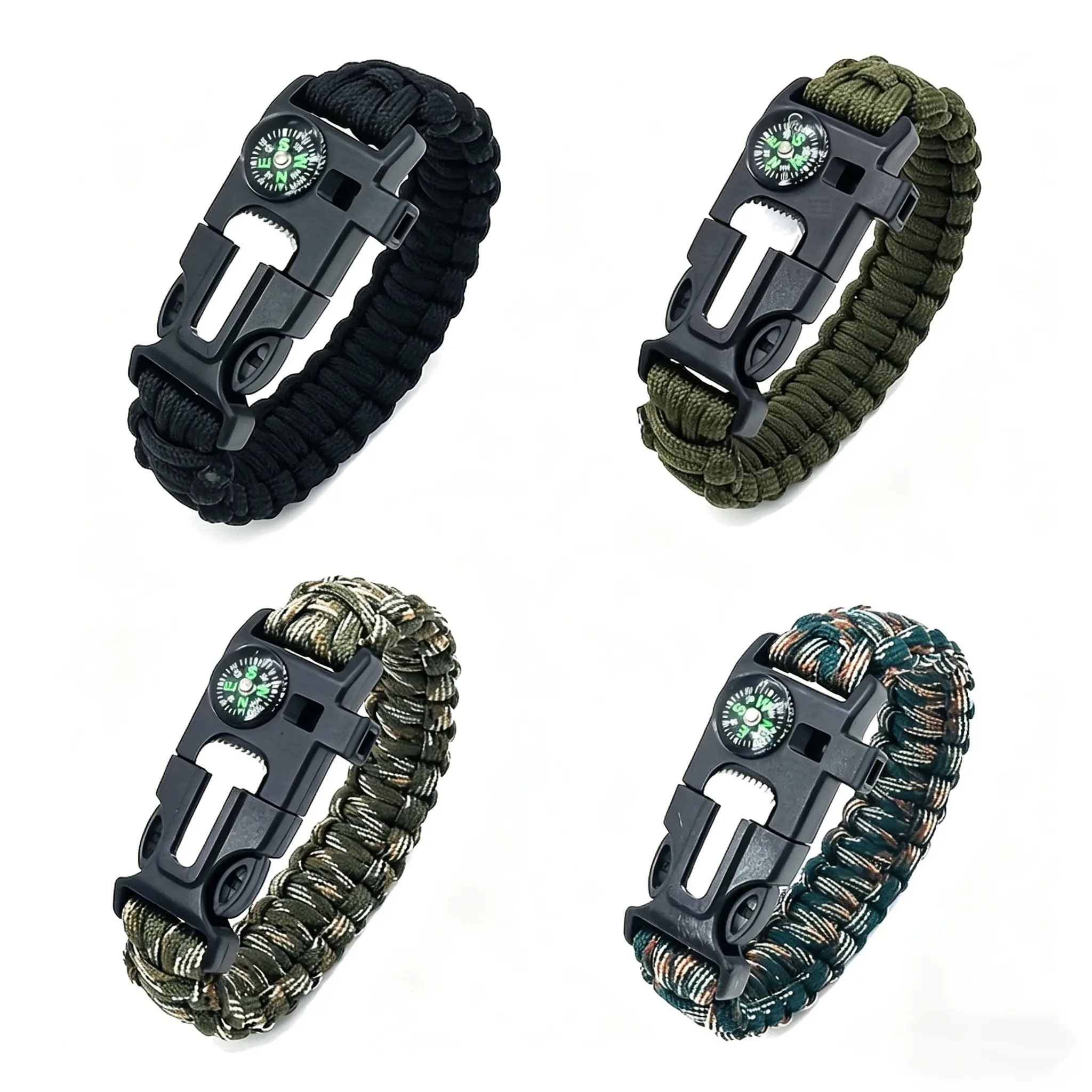 4-Pack 5-in-1 Survival Paracord Bracelet Kit - Includes Compass, Saw, Fire Starter, and Whistle - A Versatile Emergency Tool for Camping, Hiking, Mountaineering, Fishing, Skiing, and Surfing, and an Ideal Valentine's Day Gift
