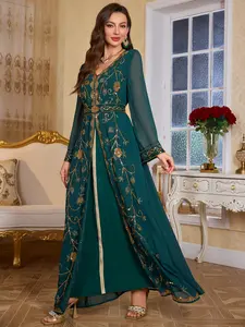 Middle Eastern Style Casual Loose Womenswear Dress with Waist Belt, Long Sleeve V Neck Sequin Embroidery Design, Elegant and Proper Fit